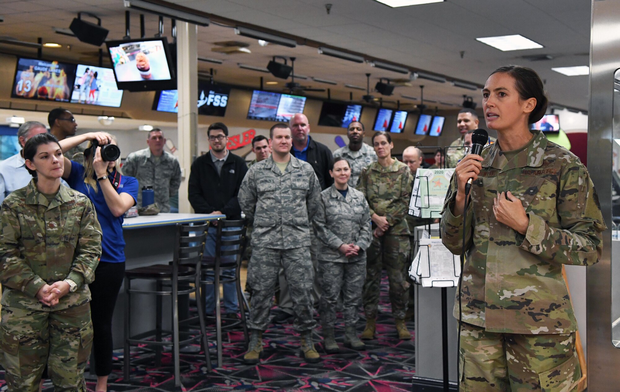 U.S. Air Force Col. Heather Blackwell, 81st Training Wing commander, delivers remarks during the grand re-opening of the Gaude Lanes Bowling Center at Keesler Air Force Base, Mississippi, Feb. 7, 2020. Renovations in the 11th Frame Cafe includes more space, new furniture and light fixtures and the addition of a grab-n-go section. (U.S. Air Force photo by Kemberly Groue)