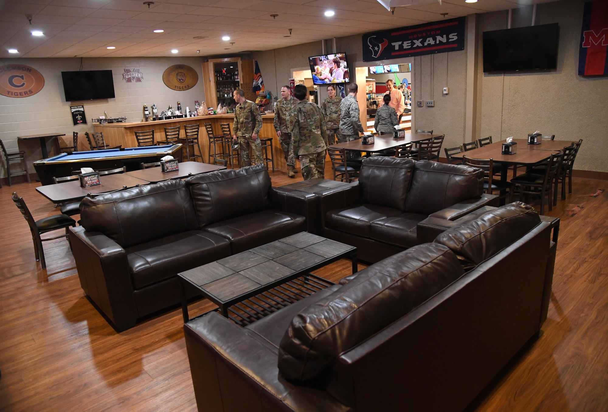 The lounge area is featured during the grand re-opening of the Gaude Lanes Bowling Center at Keesler Air Force Base, Mississippi, Feb. 7, 2020. Renovations in the 11th Frame Cafe includes more space, new furniture and light fixtures and the addition of a grab-n-go section. (U.S. Air Force photo by Kemberly Groue)