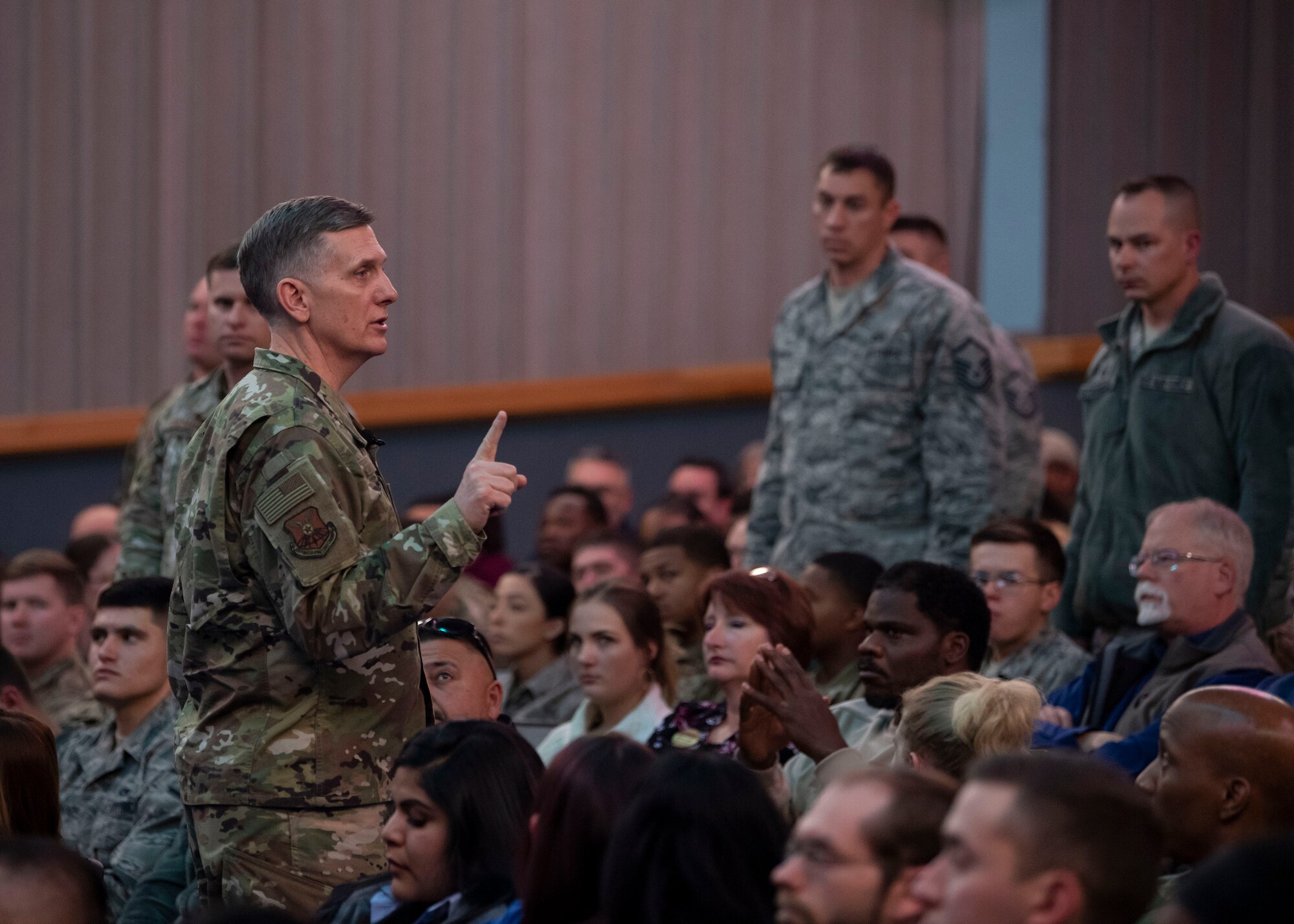 Air Force Global Strike Command commander Gen. Timothy Ray addresses Airmen during an all call at Kirtland Air Force Base, N.M., Feb. 20, 2019. The general made a two-day visit to the base and Kirtland’s 377th ABW, having meals with 377th ABW Airmen, receiving briefings and meeting with wing leadership and key spouses. (U.S. Air Force photo by Staff Sgt. J.D. Strong II)