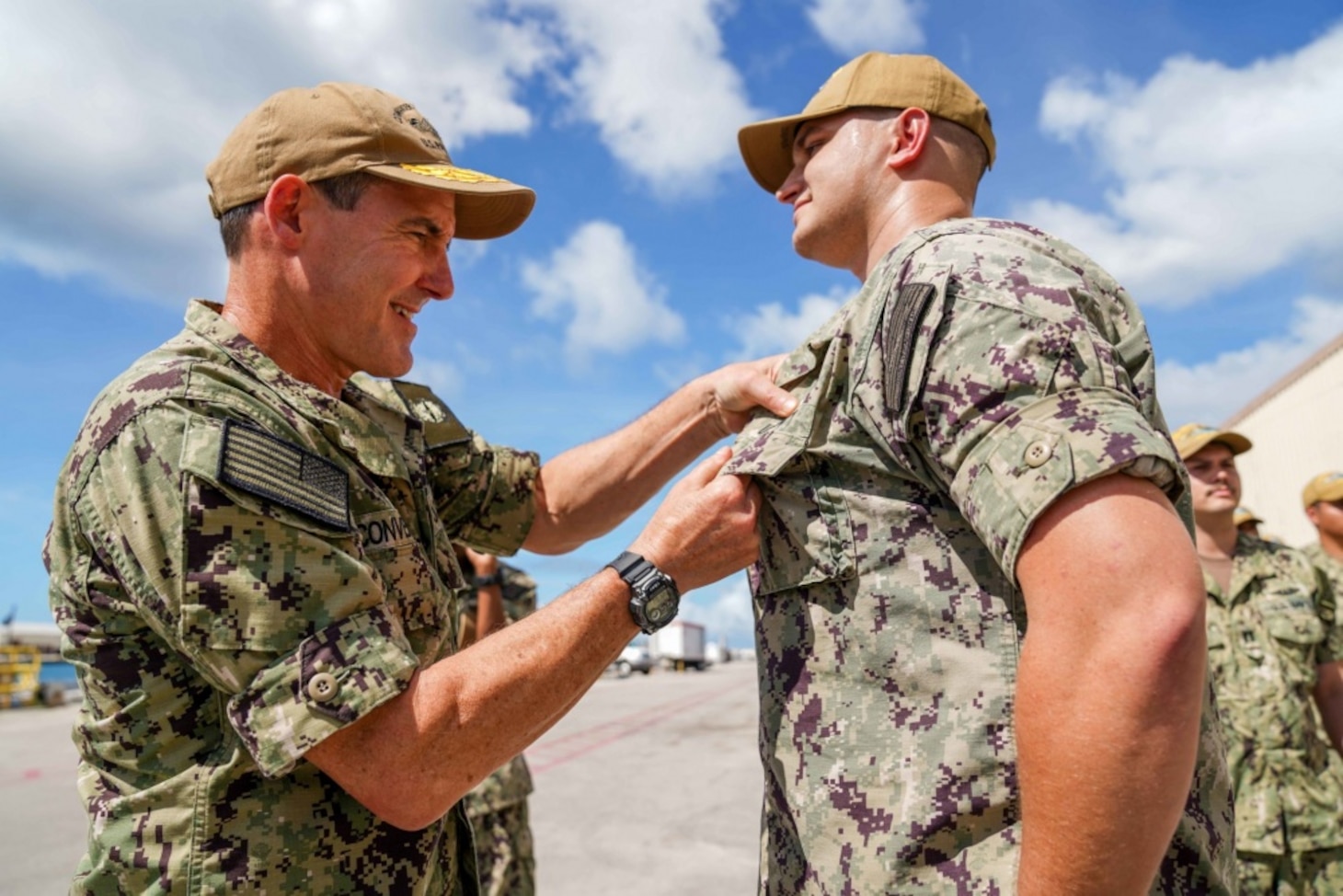 SANTA RITA, Guam (Feb. 7, 2020) Rear Adm. Blake Converse, Commander of Submarine Force, U.S. Pacific Fleet, delivers remarks to Sailors assigned to the Los Angeles-class fast attack submarine USS Oklahoma City (SSN 723) after presenting the Battle “E” Award on the pier at Apra Harbor, Guam. Oklahoma City is one of four forward-deployed submarines assigned to Commander, Submarine Squadron Fifteen out of Apra Harbor, Guam.