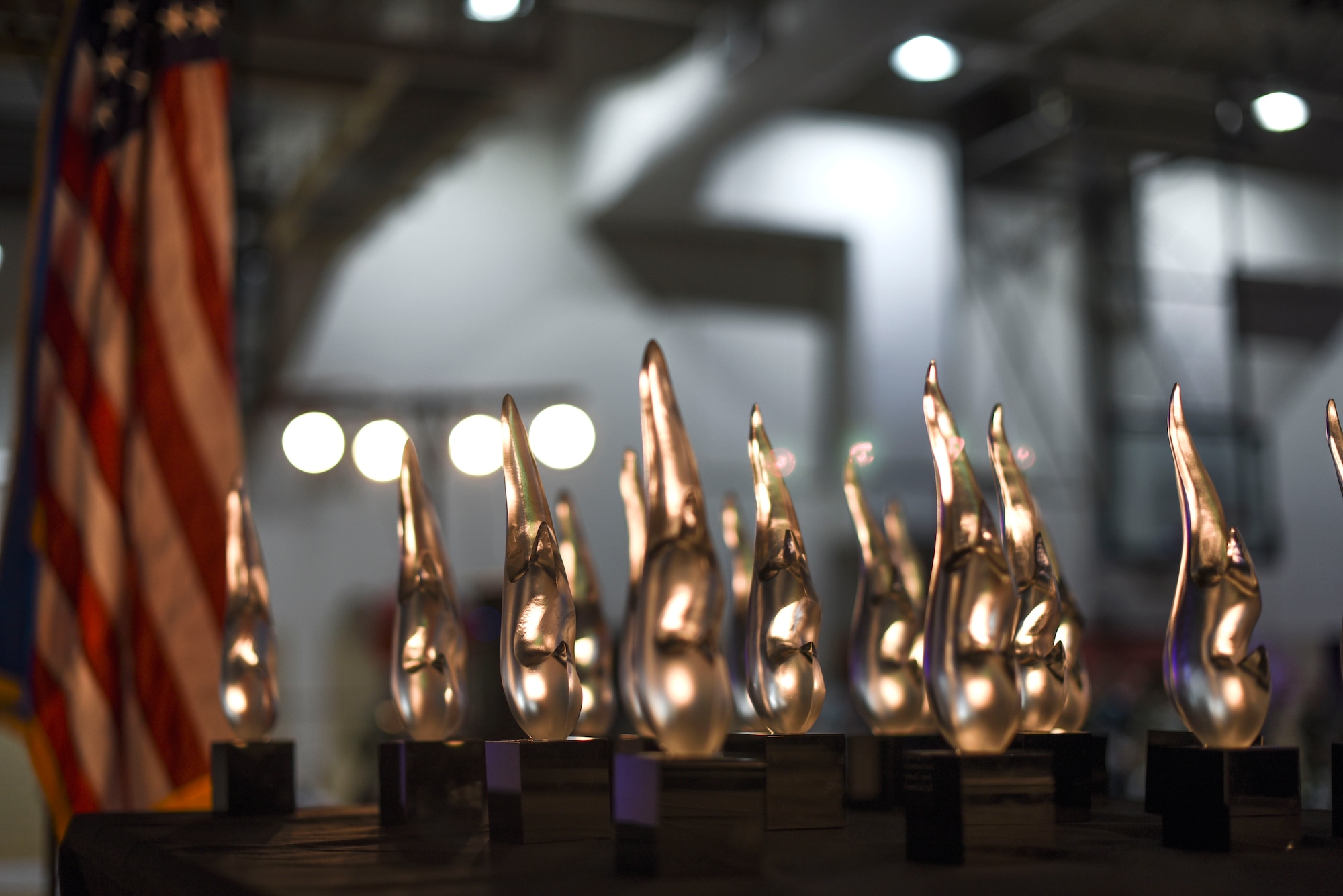 The 2019 14th Flying Training Wing’s Annual Award trophies sit on stage before being presented to the winners from 17 separate categories Feb. 9, 2020 on Columbus Air Force Base, Miss. (U.S. Air Force photo by Senior Airman Keith Holcomb)