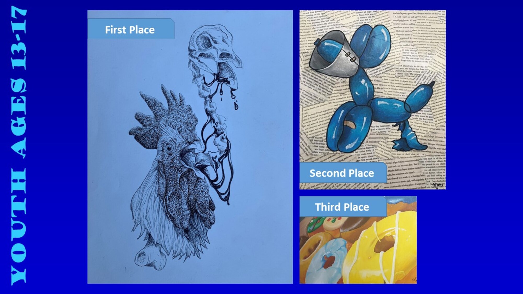 Photos of the top three winners of the Air Force Art Contest youth ages 13-17 category.