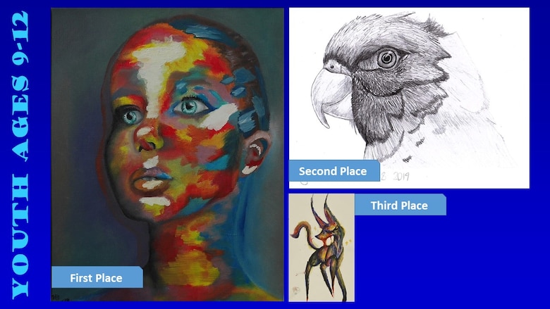 Photos of the top three winners of the Air Force Art Contest youth ages 9-12 category.