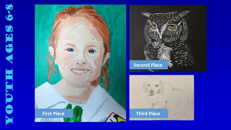 Photos of the top three winners of the Air Force Art Contest in the youth ages 6-8 category.