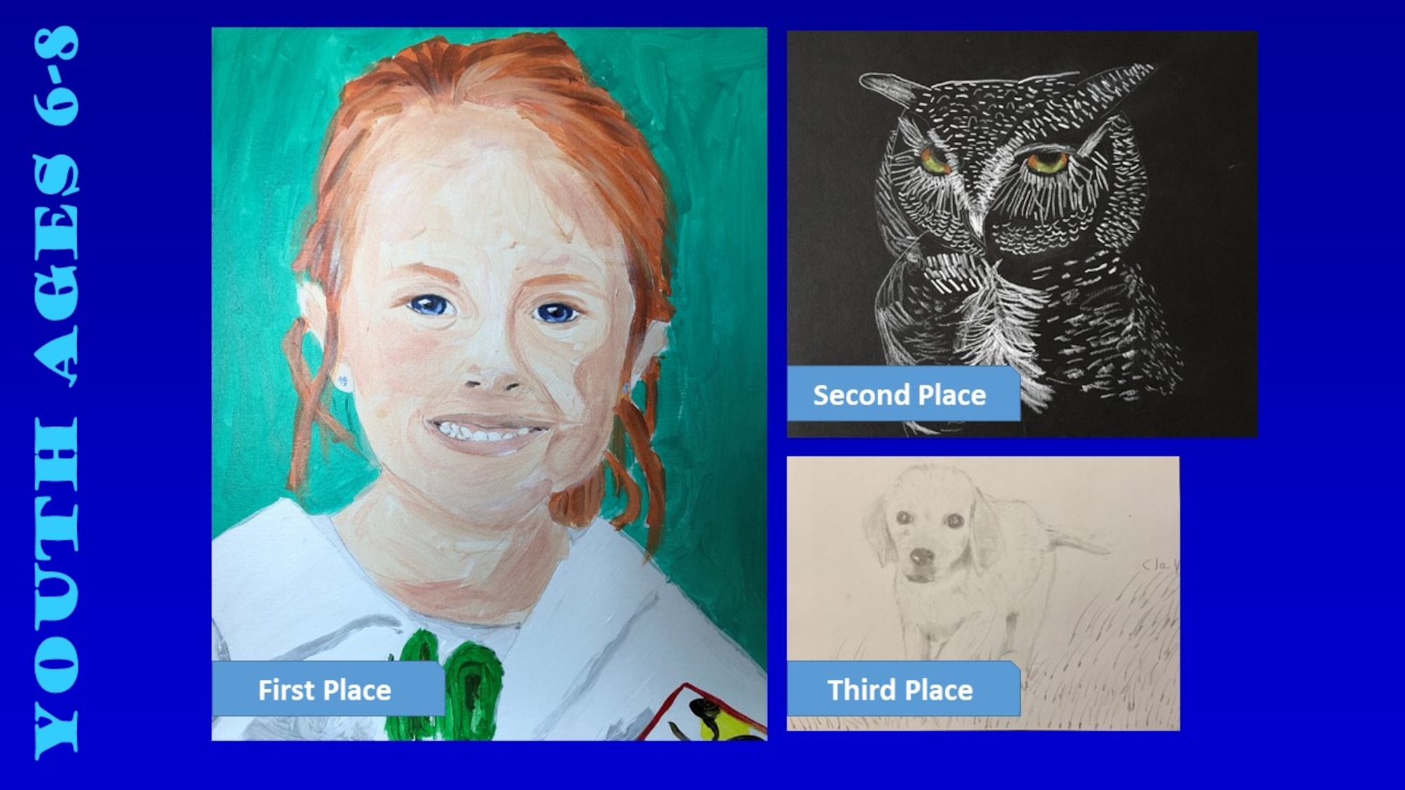 Photos of the top three winners of the Air Force Art Contest in the youth ages 6-8 category.