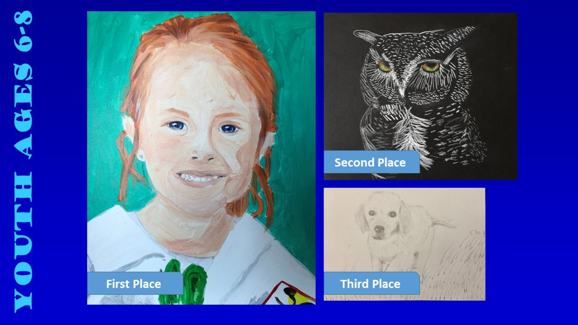 Photos of the top three winners of the Air Force Art Contest in the youth ages 6-8 category.