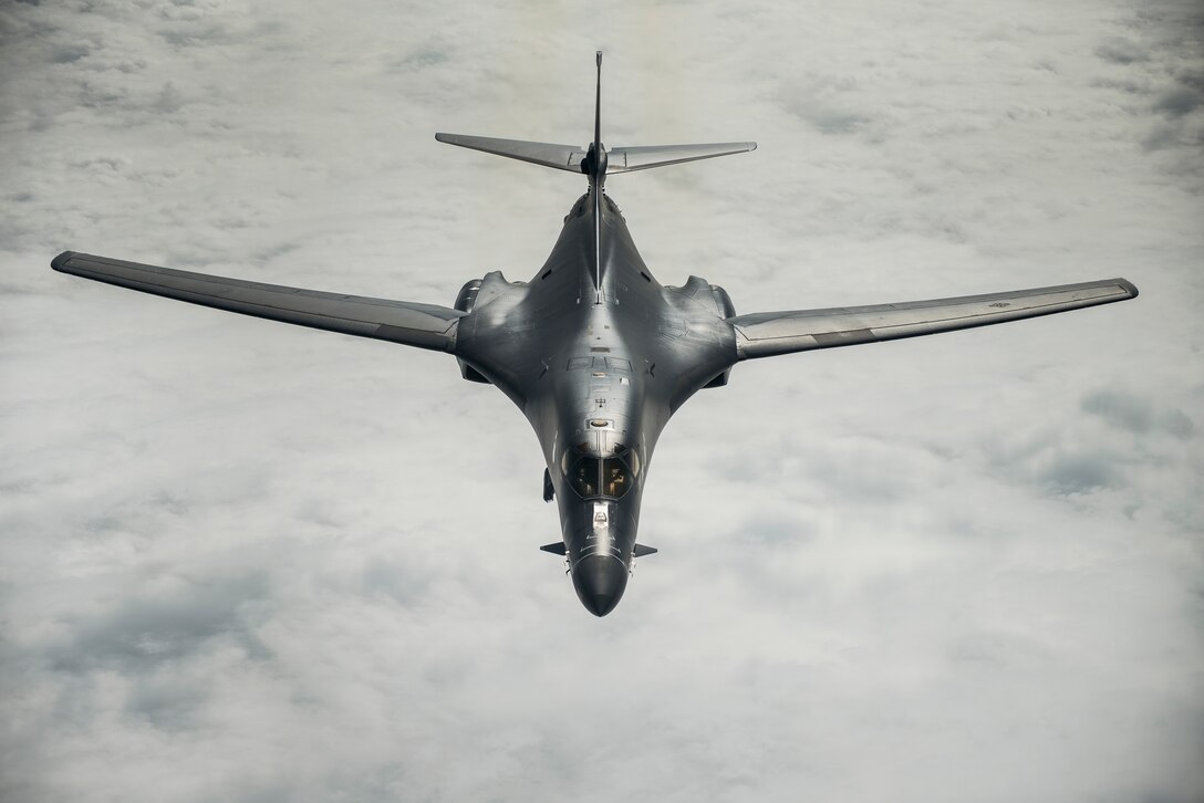 A U.S. Air Force B-1B Lancer, assigned to the 37th Expeditionary Bomb Squadron, Ellsworth Air Force Base, S.D., flies over the East China Sea, Jan. 9, 2018. The Lancer serves as premier platform for America’s long-range bomber force, carrying the largest conventional payload of guided and unguided weapons in the Air Force inventory. (U.S. Air Force photo by Staff Sgt. Peter Reft)