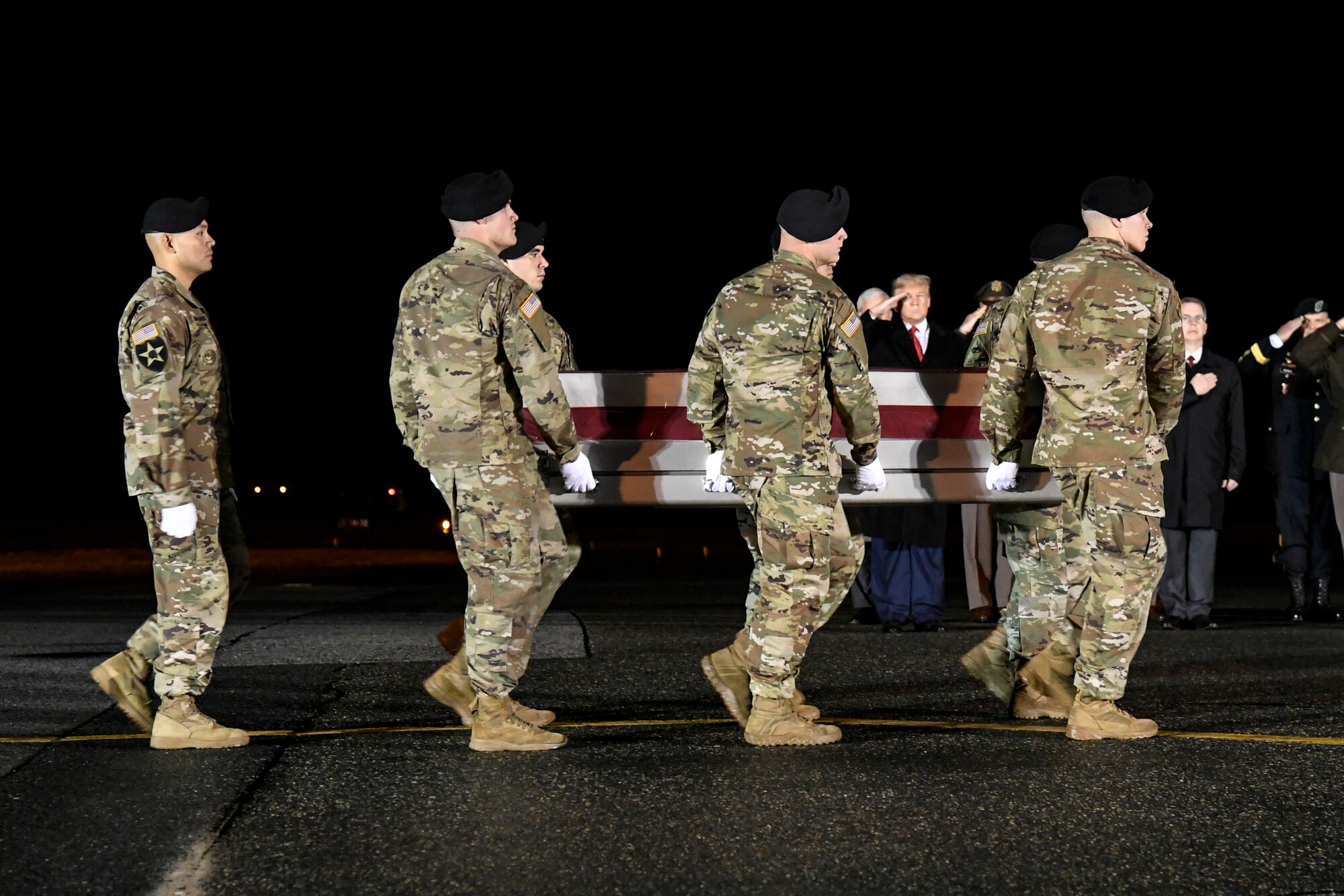 A U.S. Army carry team transfers the remains of Sgt. 1st Class Javier J. Gutierrez, of San Antonio, Texas, Feb. 10, 2020 at Dover Air Force Base, Del. Gutierrez was assigned to the 3rd Battalion, 7th Special Forces Group (Airborne), Eglin Air Force Base, Fla. (U.S. Air Force Photo by Senior Airman Eric M. Fisher)