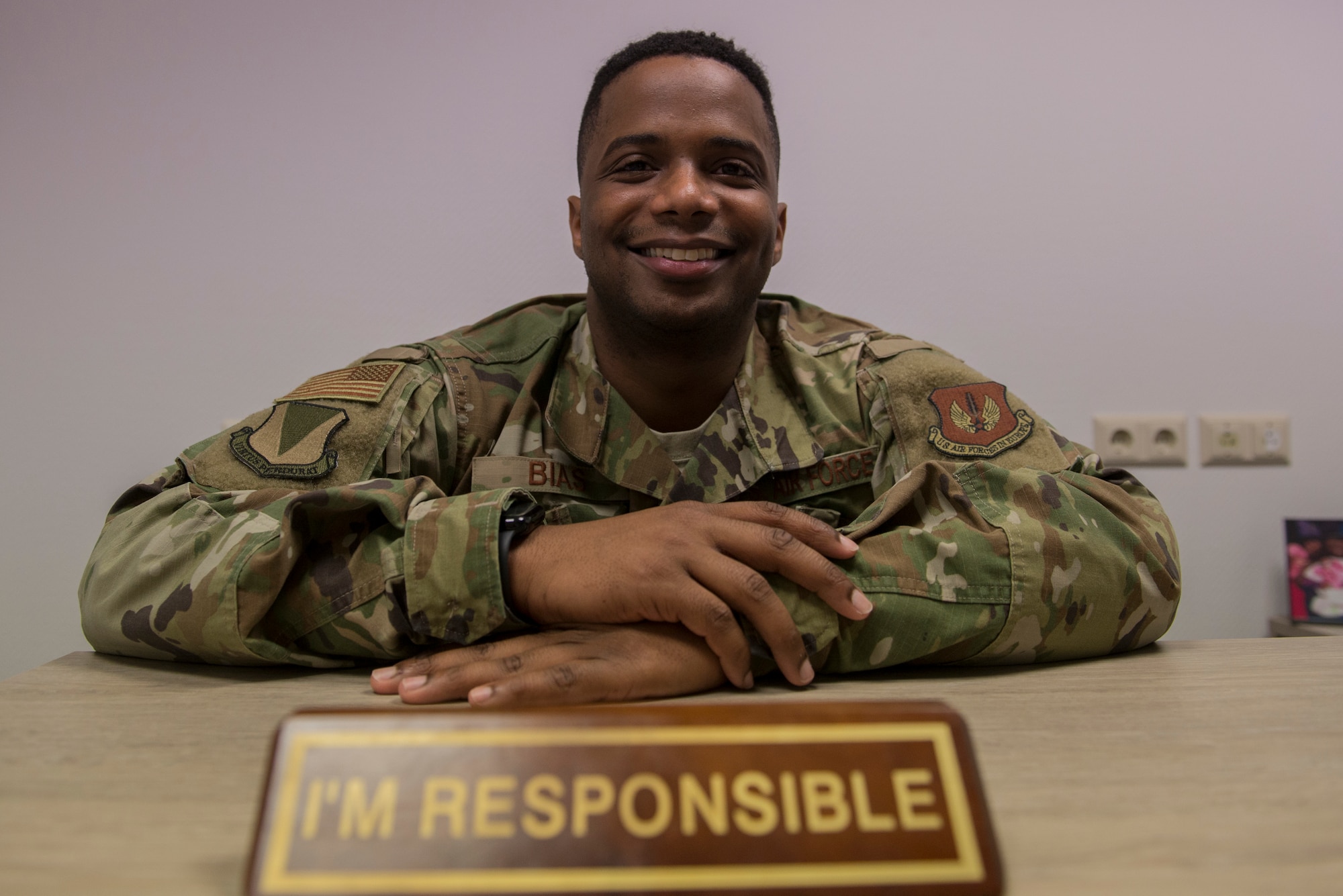 U.S. Air Force Tech. Sgt. Marcus Bias, 86th Airlift Wing equal opportunity specialist, poses for a portrait at Ramstein Air Base, Germany, Feb. 6, 2020. In addition to his official duties, Bias is a certified mediator and behavioral consultant.