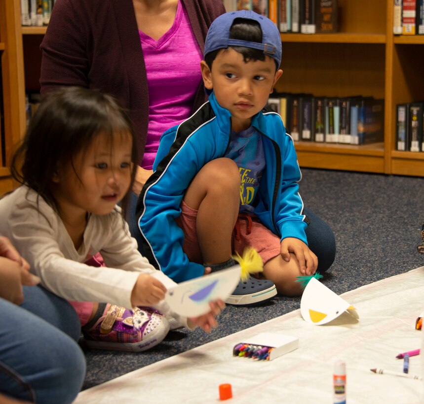 Children work on crafts during story time at the library, Feb. 5, 2020, Tyndall Air Force Base, Florida. Story time is held Wednesday mornings at 10:30 a.m. (U.S. Air Force photo by 2nd Lt. Kayla Fitzgerald)