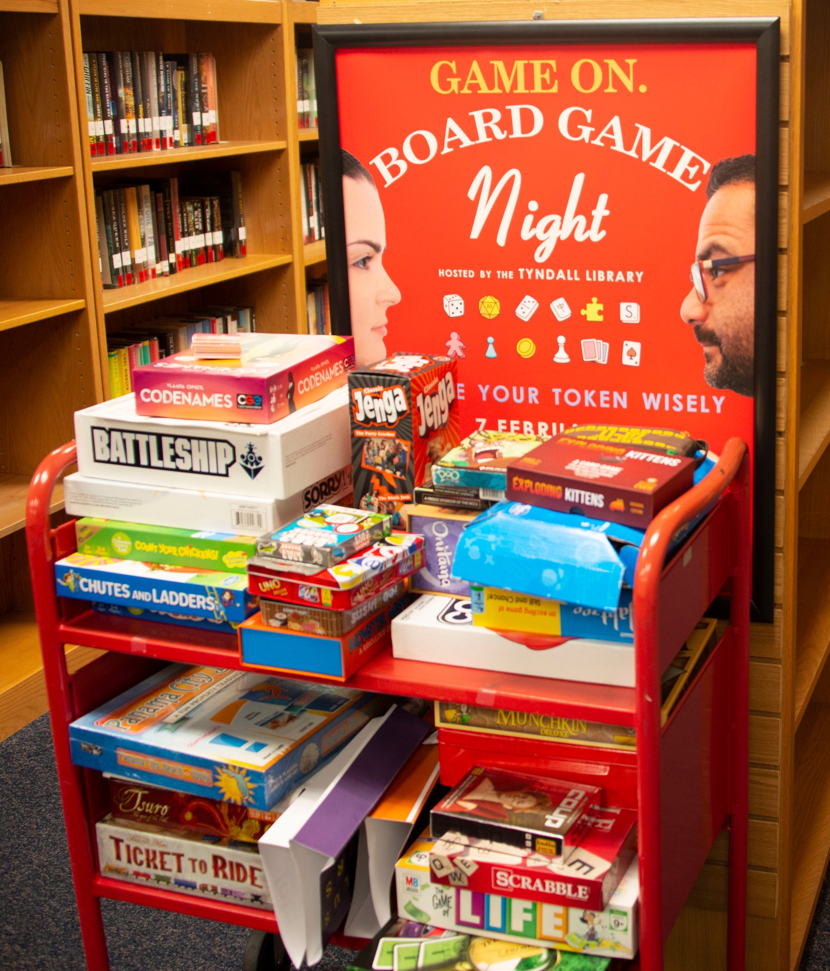 Board games are on display in the library Feb. 5, 2020, Tyndall Air Force Base, Florida. The library holds a board game night on the first Friday of each month. (U.S. Air Force photo by 2nd Lt. Kayla Fitzgerald)
