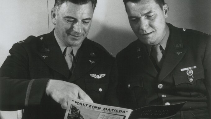 1943, Captains Robert Crawford and Alf Heiberg prior to concert featuring The Army Air Corps song