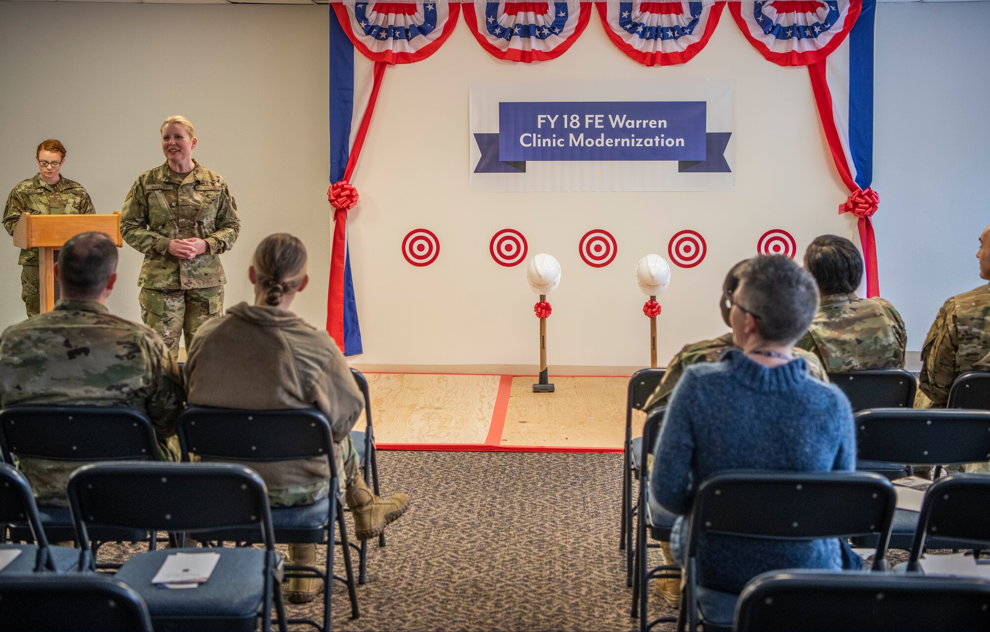 Colonel Kristine Hackett, 90th Medical Group commander, gives opening remarks during the 90th MDG Wall Breaking Ceremony Feb. 10, 2020, at F.E. Warren Air Force Base, Wyo. The ceremony marks the beginning of a three-year modernization project of the clinic, aiming to accommodate the latest technology and evolving medical practices. (U.S. Air Force photo by Senior Airman Abbigayle Williams)