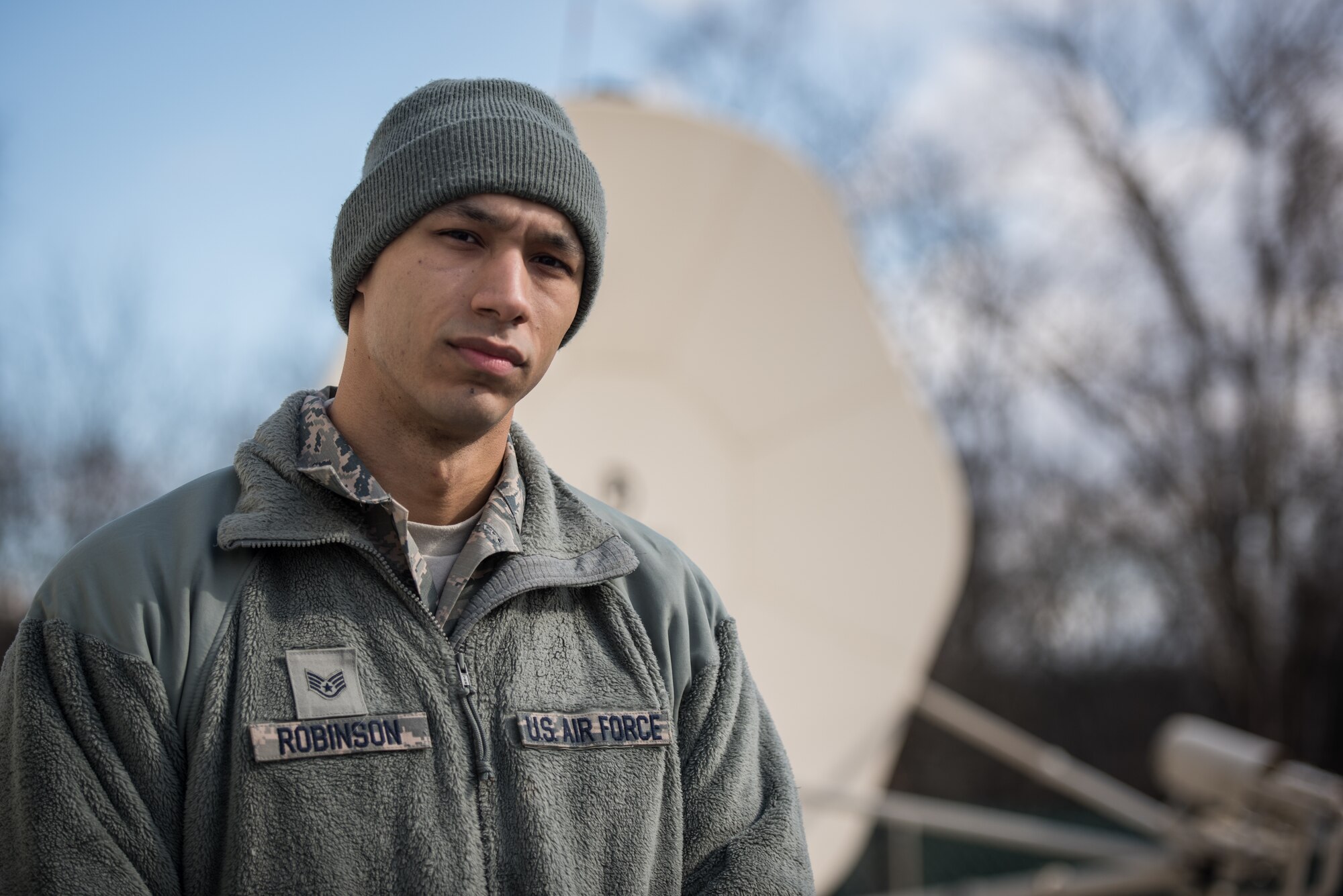 Staff Sgt. Jon-Moses A. Robinson, a radio frequency transmission systems craftsman with the 271st Combat Communications Squadron, Pennsylvania Air National Guard, poses for a portrait