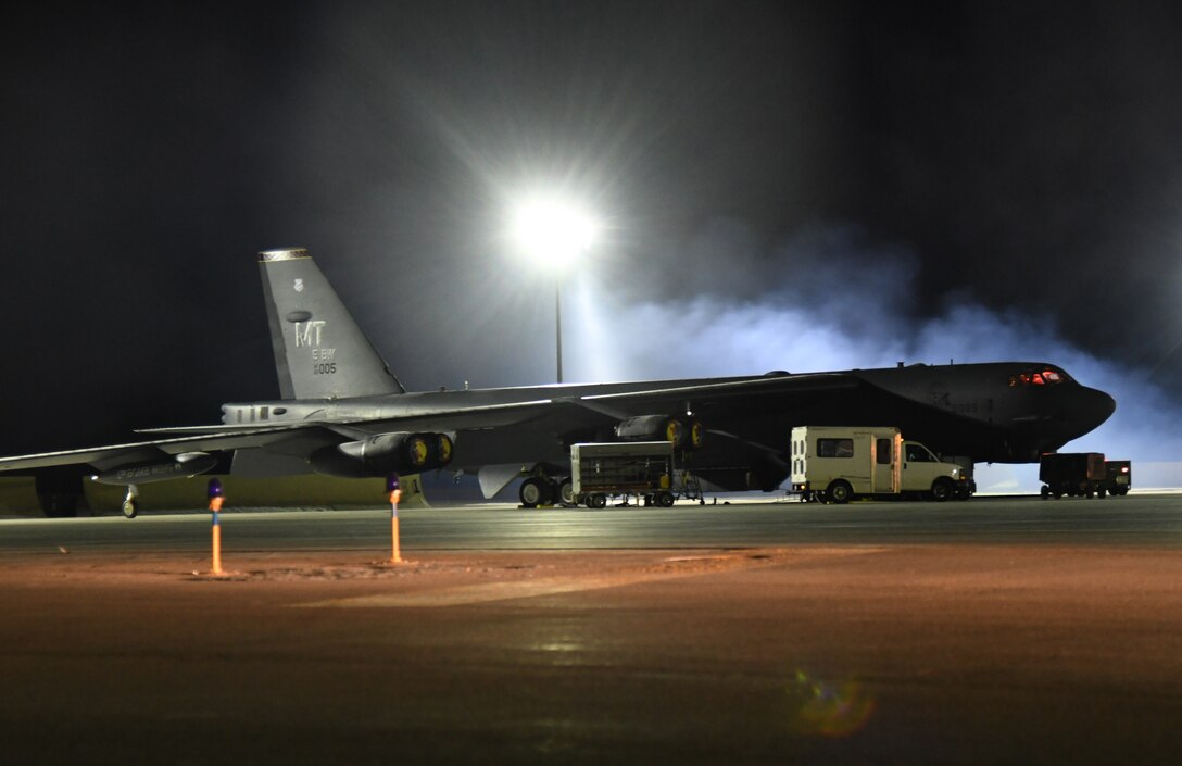A B-52H Stratofortress prepares for takeoff from the flightline at Minot Air Force Base, North Dakota, Feb. 1, 2020, as part of a bomber task force mission. U.S. Strategic Command bomber forces regularly conduct combined theater security cooperation engagements with allies and partners, demonstrating the U.S. capability to command, control and conduct bomber missions across the globe. (U.S. Air Force photo by Airman 1st Class Caleb Kimmell)
