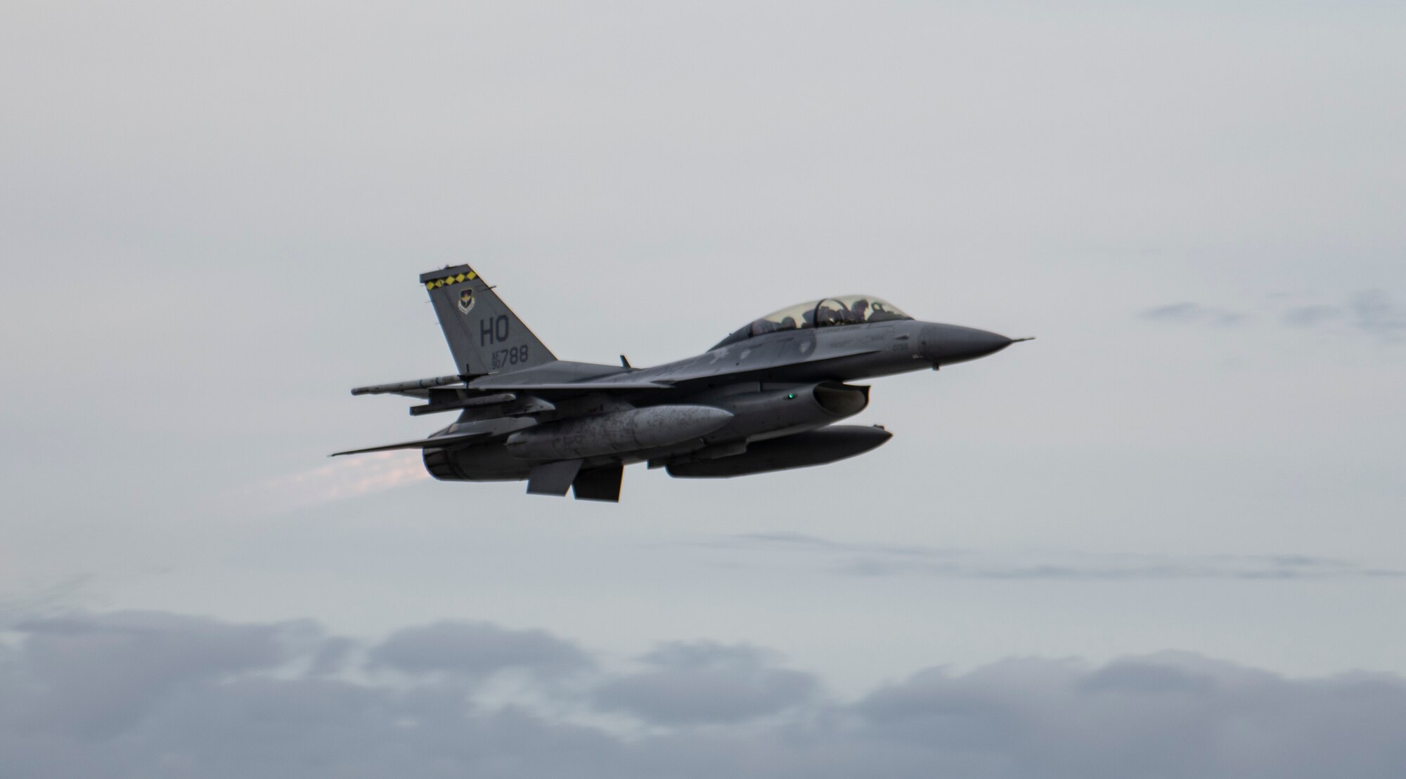 A U.S. Air Force F-16 Fighting Falcon from Holloman Air Force Base, N.M., takes off for a training flight at Tyndall Air Force Base, Fla., Feb. 4, 2020. Tyndall is one of the few bases in the Department of Defense that has access to the Eastern Gulf of Mexico training airspace, which is often used for air combat training and live missile testing. (U.S. Air Force photo by Senior Airman Stefan Alvarez)