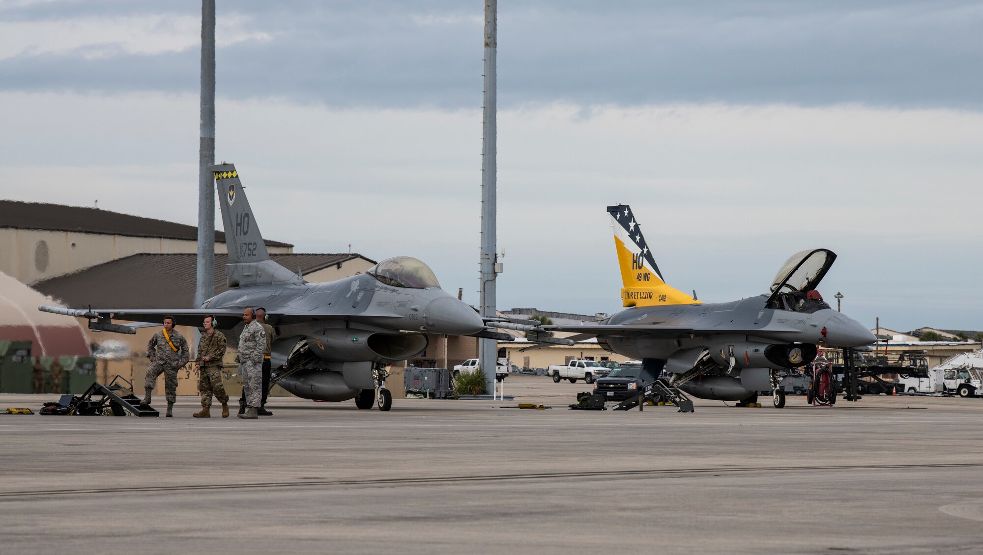 Two U.S. Air Force F-16 Fighting Falcons from Holloman Air Force Base, N.M., stand-by after a training flight at Tyndall Air Force Base, Fla., Feb. 4, 2020. The 325th Fighter Wing and 53rd Weapons Evaluation Group regularly host units from around the country for combat readiness evaluations. (U.S. Air Force photo by Senior Airman Stefan Alvarez