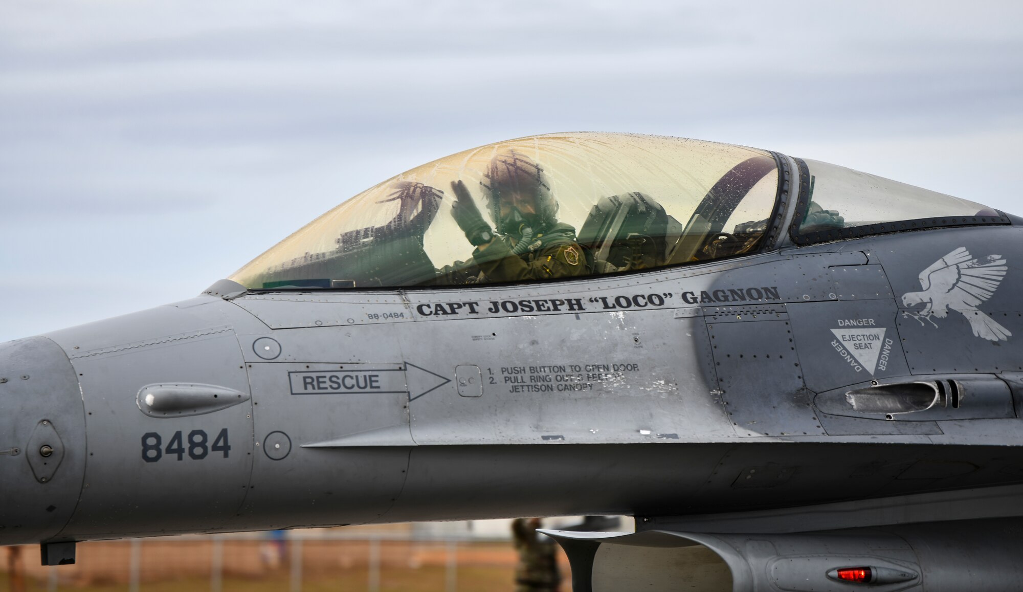 A U.S. Air Force F-16 Fighting Falcon pilot from Holloman Air Force Base, N.M., taxis his aircraft for training flight at Tyndall Air Force Base, Fla., Feb. 4, 2020. The 314th Fighter Squadron came to test their operational readiness with maintainers and pilots using live missiles. (U.S. Air Force photo by Senior Airman Stefan Alvarez)