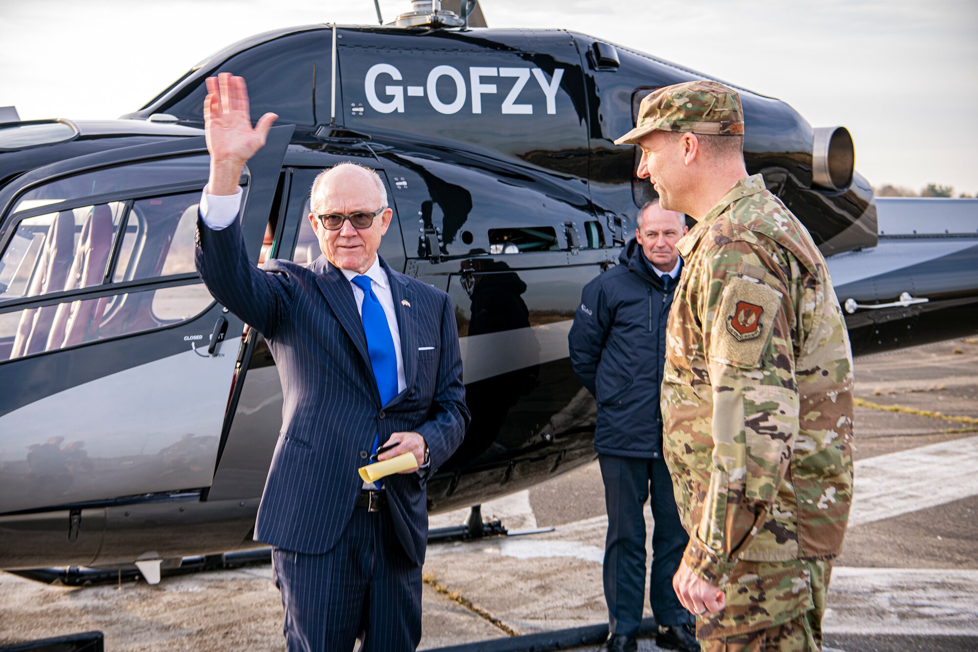 United States Ambassador to the United Kingdom, Robert Wood Johnson, (left), waves good bye following a visit to RAF Molesworth, England, Feb. 7, 2020.  Johnson visited RAF Molesworth, which is part of the 501st Combat Support Wing, to build more relationships with personnel and gain a better understanding of their overall mission, capabilities and comprehensive duties. (U.S. Air Force photo by Senior Airman Eugene Oliver)