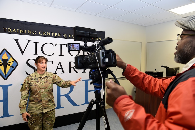 Brig. Gen. Kris A. Belanger, Commanding General, 85th U.S. Army Reserve Support Command conducts an interview with WLTX-TV Channel 19 in Columbia, South Carolina.