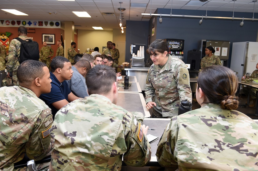 Brig. Gen. Kris A. Belanger, Commanding General, 85th U.S. Army Reserve Support Command talks with Reserve Officers’ Training Corps cadets during a speed mentoring session at the Fort Jackson ROTC Leader Professional Development Symposium, February 7, 2020, at Fort Jackson, South Carolina.