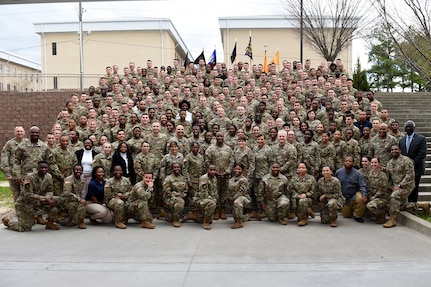 Reserve Officers’ Training Corps cadets pause for a group photo at the conclusion of the Fort Jackson ROTC Leader Professional Development Symposium, February 7, 2020, at Fort Jackson, South Carolina.