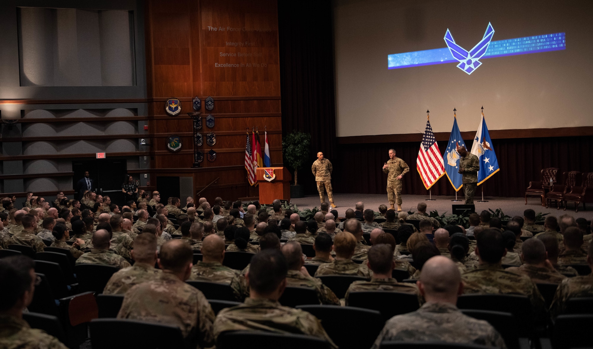 Air Force Chief of Staff Gen. David. L. Goldfein, the Chief Master Sergeant of the Air Force Kaleth O. Wright and Chief Master Sgt. Manny Pineiro, U.S. Air Force First Sergeant special duty manager, speak in the Senior Noncommissioned Officer Academy auditorium Feb. 5, 2020, Gunter Annex, Maxwell Air Force Base, Alabama. The three leaders spoke with faculty and students from SNCOA, NCOA, First Sergeant Academy, and the Chief Master Sergeant Leadership Course on big topics affecting the Air Force and advising how to be an effective SNCO and NCO in today’s Air Force. (U.S. Air Force photo by Senior Airman Alexa Culbert)
