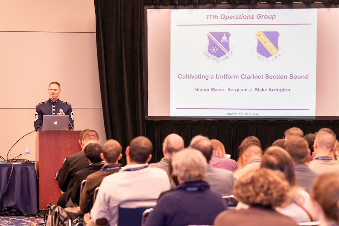 Senior Master Sgt. Blake Arrington leads a training session about clarinet techniques at The Midwest Clinic in Chicago, Illinois, on Dec. 18, 2019. The Midwest Clinic International Band, Orchestra and Music Conference brings together musicians, educators and people passionate about music education of all skill levels in Chicago each year for the largest music conference of its kind. (U.S. Air Force Photo by Master Sgt. Josh Kowalsky)