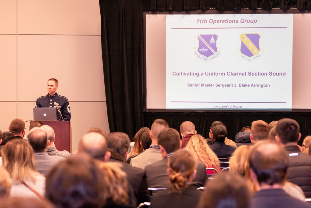 Senior Master Sgt. Blake Arrington leads a training session about clarinet techniques at The Midwest Clinic in Chicago, Illinois, on Dec. 18, 2019. The Midwest Clinic International Band, Orchestra and Music Conference brings together musicians, educators and people passionate about music education of all skill levels in Chicago each year for the largest music conference of its kind. (U.S. Air Force Photo by Master Sgt. Josh Kowalsky)