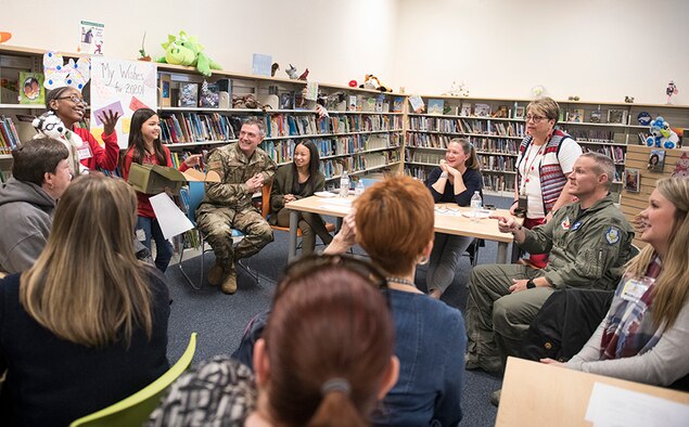 Meadow Lane Elementary School students draw laughs from Seymour Johnson Air Force Base leadership and Wayne County faculty as they present a care package designed for help military students attending the school, Jan. 31, 2020.
