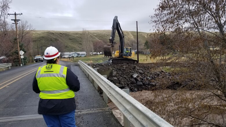 Jamie Bond, Civil Engineer of the Walla Walla Corps of Engineers, overseeing floodfighting efforts in Milton Freewater on Friday Feb. 7.