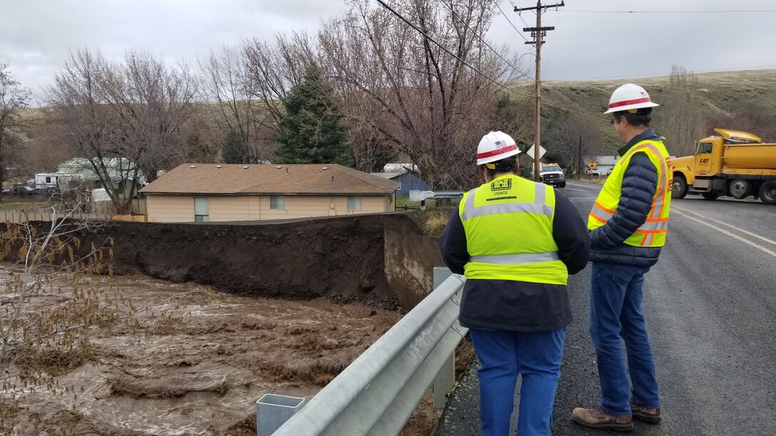 Corps officials surveying erosion in Milton Freewater, Feb. 7.