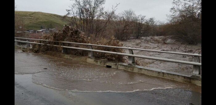 Water splashing up on a bridge in Milton Freewater on Feb. 7.