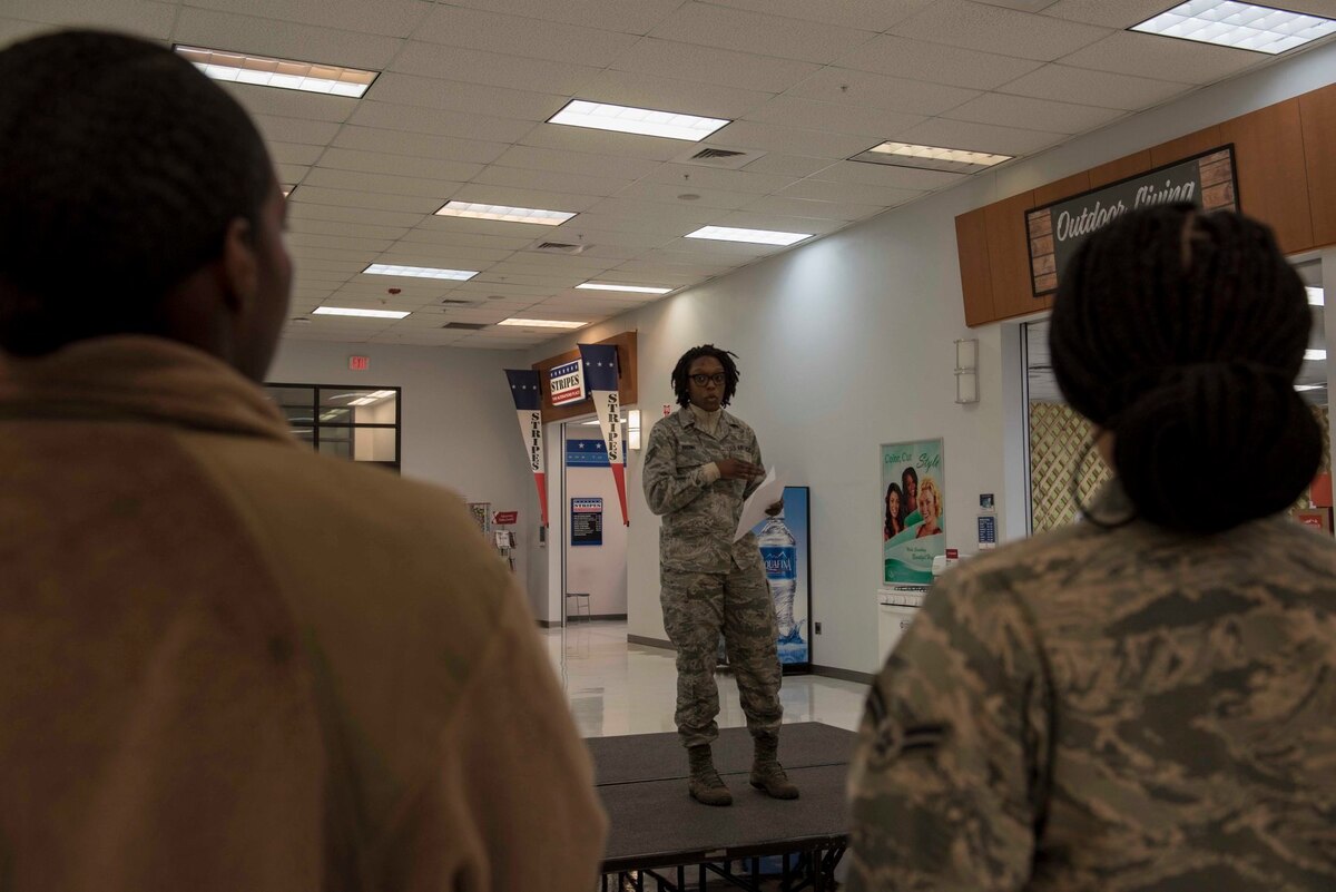 An Airman with the African American Heritage Council speaks during the 2020 Black History Month Kickoff on Eielson Air Force Base, Alaska, Feb. 3, 2020. The council held two events during the month to celebrate African American achievements and advancements. (U.S. Air Force photo by Airman 1st Class Aaron Larue Guerrisky)