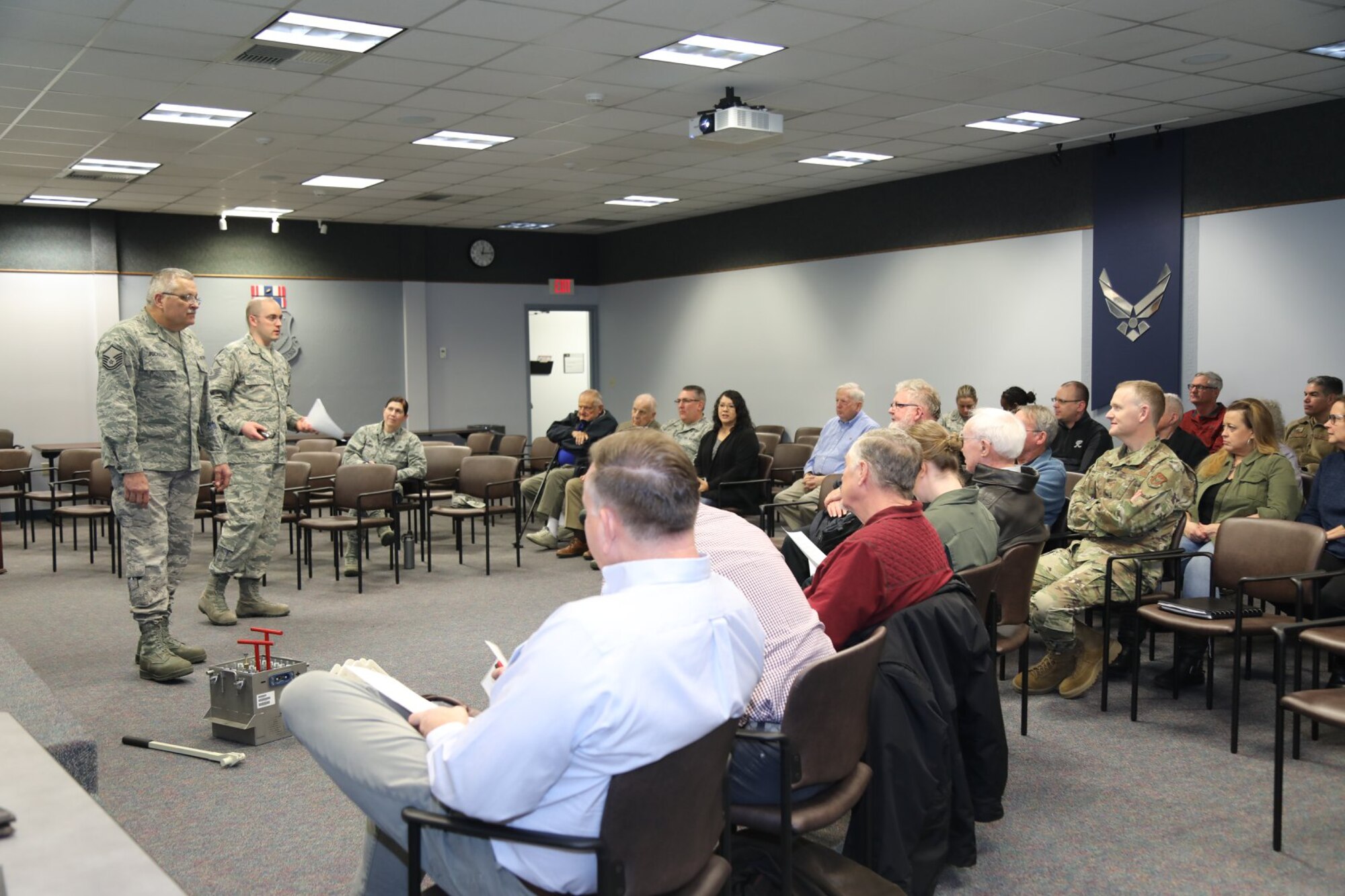 Maintainers from the 446th Airlift Wing pitched their innovative battery cell extraction tool here to local Air Force Association members, community leaders and colleagues Tuesday, Feb. 11, as they prepare for the Air Force's Spark Tank 2020 competition in Orlando, Fla., later this month. Master Sgt. Robert Tingle and Master Sgt. Roy Puchalski teamed up to create a new tool that could revolutionize how maintainers around the world complete a routine task: battery cell removal for the C-17 Globemaster III aircraft. (U.S. Air Force photo by Edzel Butac)