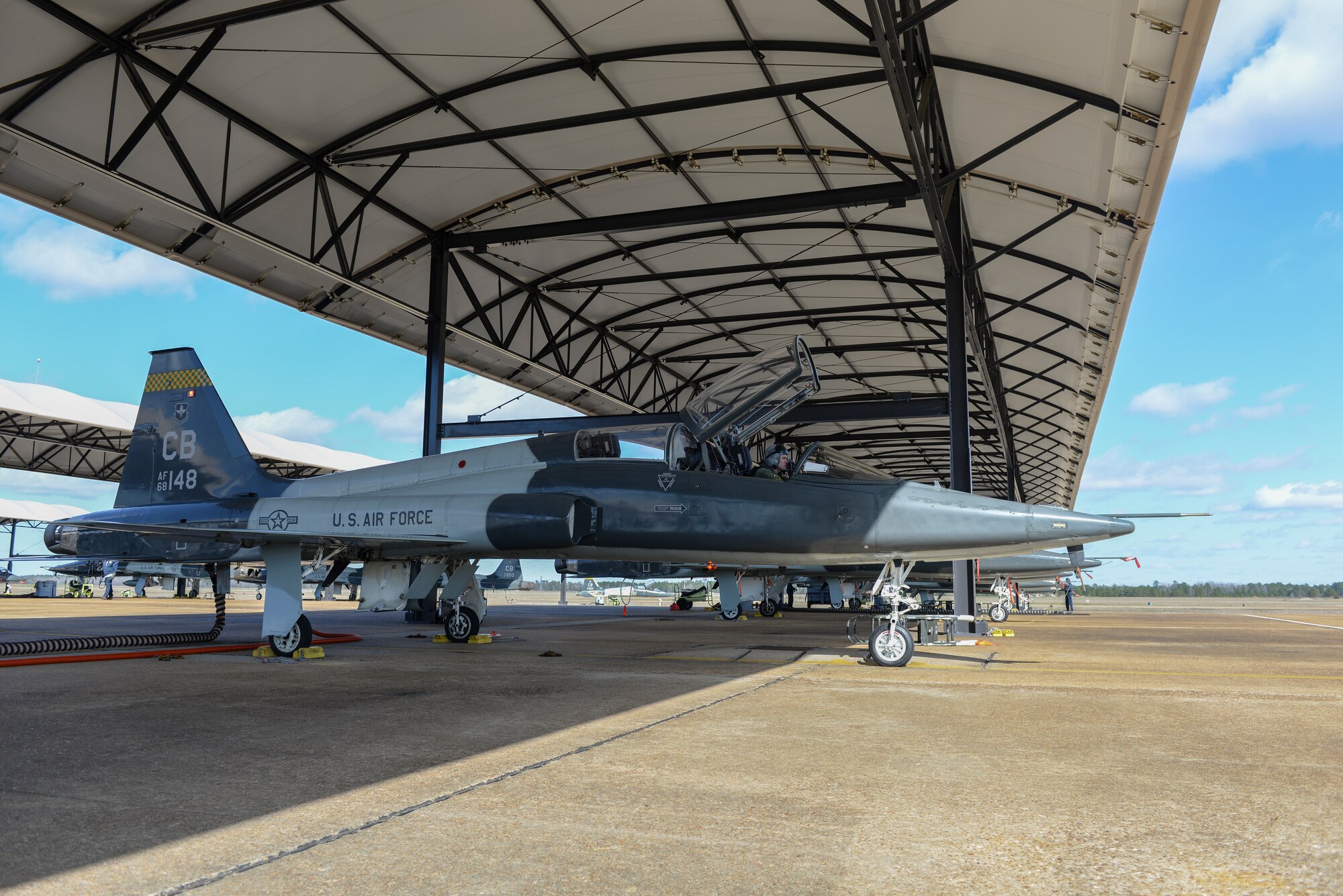 A 49th Fighter Squadron pilot conducts prepares to taxi in a T-38 Talon, Feb. 7, 2020, at Columbus Air Force Base, Mississippi. The pilot was a participant in exercise Southern Strike. More than 2,000 participants from the United States, Bulgaria, Uzbekistan and the Netherlands participated in 2020 to ensure the maintenance of joint combat readiness, building of international relationships, strengthening of interoperability among the branches of service. (U.S. Air Force photo by Airman Davis Donaldson)