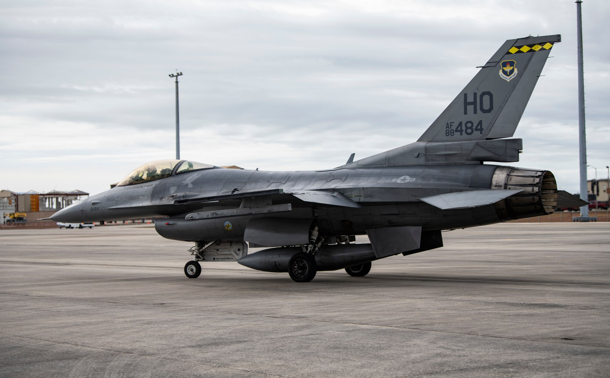 A U.S. Air Force F-16 Fighting Falcon from Holloman Air Force Base, N.M., taxis for a training flight at Tyndall Air Force Base, Fla., Feb. 4, 2020. The 314th Fighter Squadron came to test their operational readiness with maintainers and pilots using live missiles. (U.S. Air Force photo by Senior Airman Stefan Alvarez)