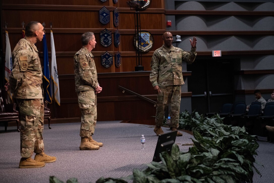Air Force Chief of Staff Gen. David. L. Goldfein, Chief Master Sergeant of the Air Force Kaleth O. Wright and Chief Master Sgt. Manny Pineiro, U.S. Air Force First Sergeant special duty manager, speak to senior noncommissioned officers and NCOs at the SNCO Academy auditorium Feb. 5, 2020, Gunter Annex, Maxwell Air Force Base, Alabama. During their visit, Goldfein, Wright and Pineiro discussed issues currently facing the Air Force, to include the rising suicide rate and efforts to support the build out of the Space Force. (U.S. Air Force photo by Senior Airman Alexa Culbert)