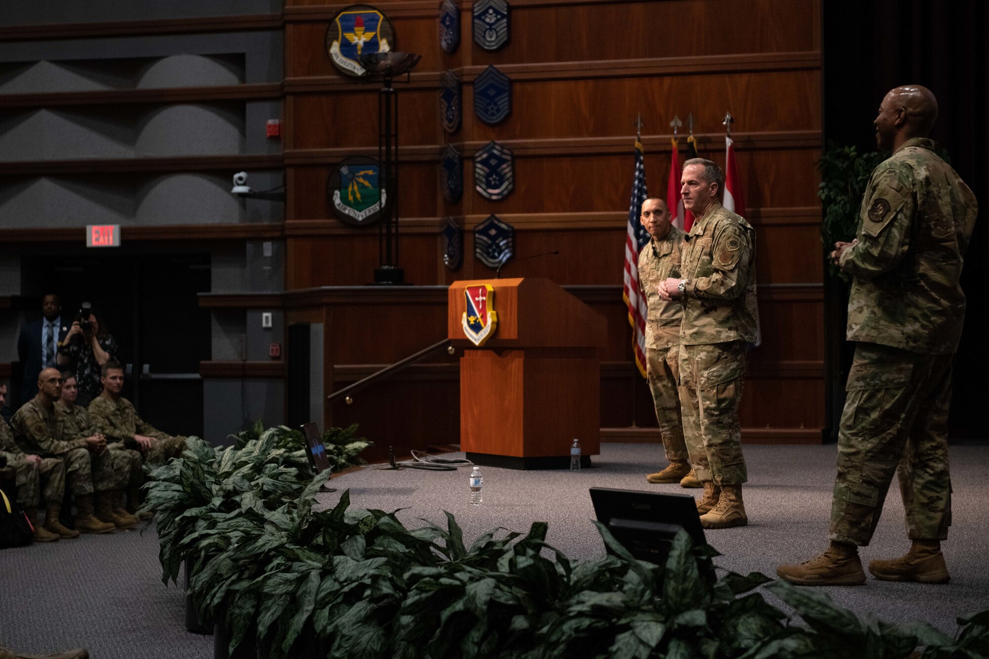 Air Force Chief of Staff Gen. David. L. Goldfein, the Chief Master Sergeant of the Air Force Kaleth O. Wright and Chief Master Sgt. Manny Pineiro, U.S. Air Force First Sergeant special duty manager, speak to students and faculty of Senior Noncommissioned Officer Academy, NCOA, First Sergeant Academy and Chief Master Sergeant Leadership Course, Feb. 5, 2020, on Gunter Annex, Maxwell Air Force Base, Alabama. Goldfein ended the discussion by giving the students three things he would like them to accomplish while attending training: Re-blue, Re-charge and Re-connect. (U.S. Air Force photo by Senior Airman Alexa Culbert)