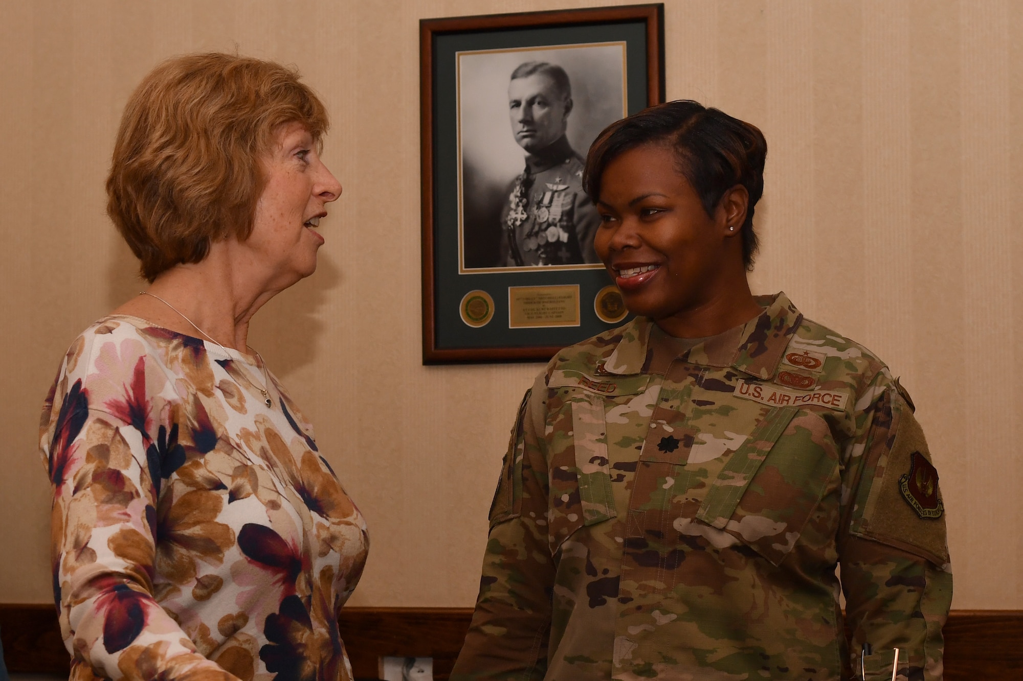 U.S. Air Force Lt. Col. Natosha Reed, 86th Force Support Squadron commander, meets with Laura Hyten, wife of Gen. John E. Hyten, Vice Chairman of the Joint Chiefs of Staff, at a Key Spouse luncheon in the Officer’s Club at Ramstein Air Base, Germany, Feb. 5, 2020.