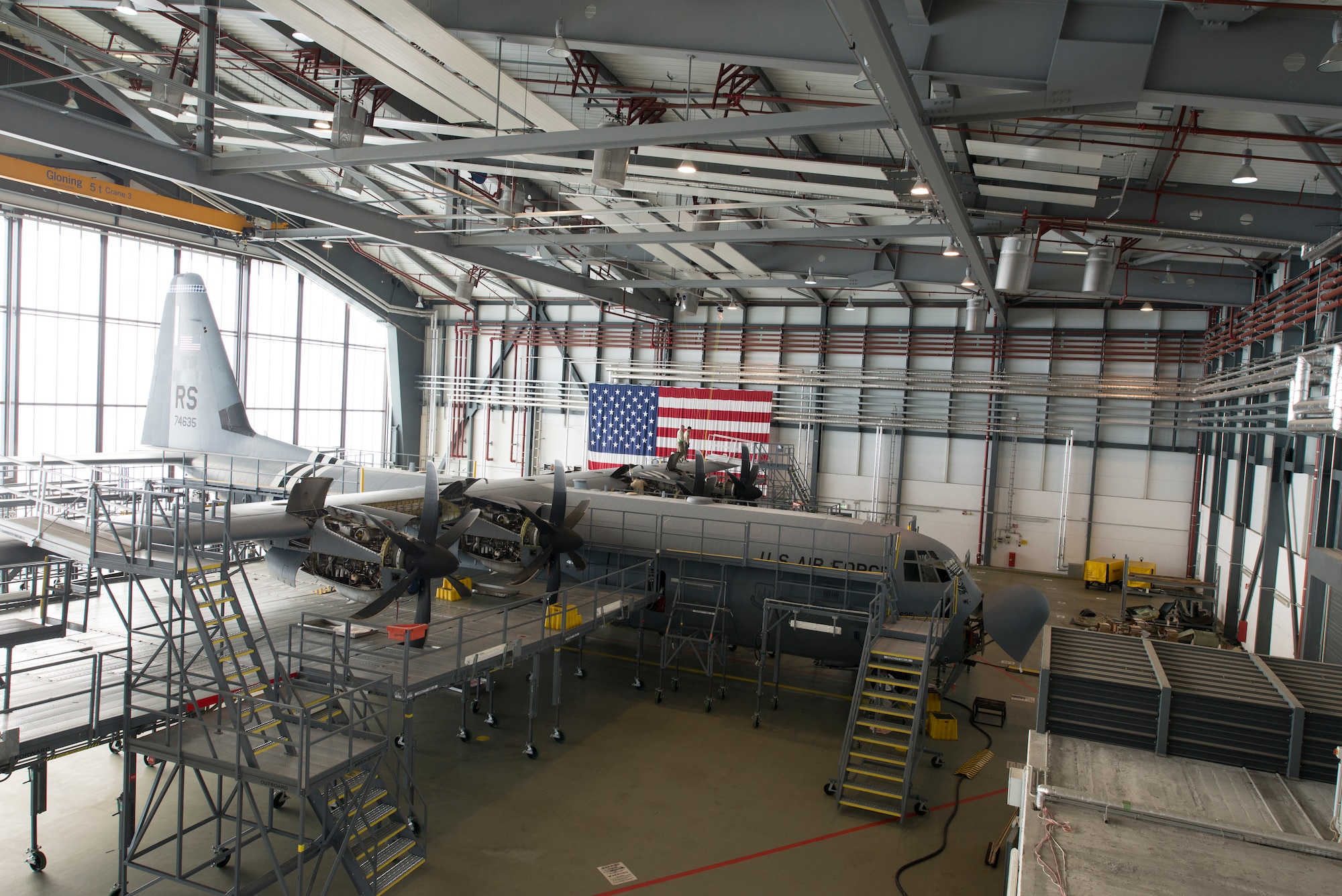 A C-130J Super Hercules aircraft sits in a maintenance bay at Ramstein Air Base, Germany, Feb. 7, 2020. The 86th Maintenance Squadron maintains all 14 of Ramstein’s C-130J Hercules aircrafts. The 86th MXS works around the clock to make sure the base’s C-130’s are maintained and ready to fly at all times.