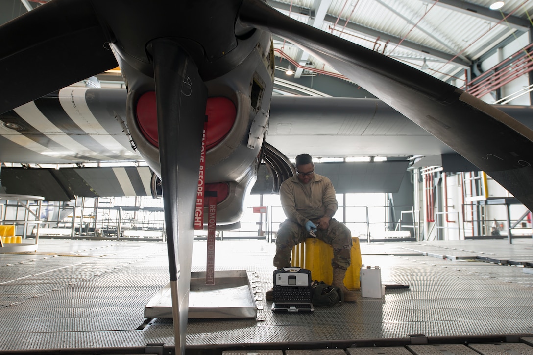 U.S. Air Force Senior Airman Sheldrick Long, 86th Maintenance Squadron aerospace propulsion journeyman, polishes a C-130J Super Hercules aircraft part at Ramstein Air Base, Germany, Feb. 7, 2020. Various parts of the aircraft must be removed during the inspections process to locate faulty parts within the aircraft. The 86th MXS works around the clock to make sure the base’s C-130J’s are maintained and ready to fly at all times.