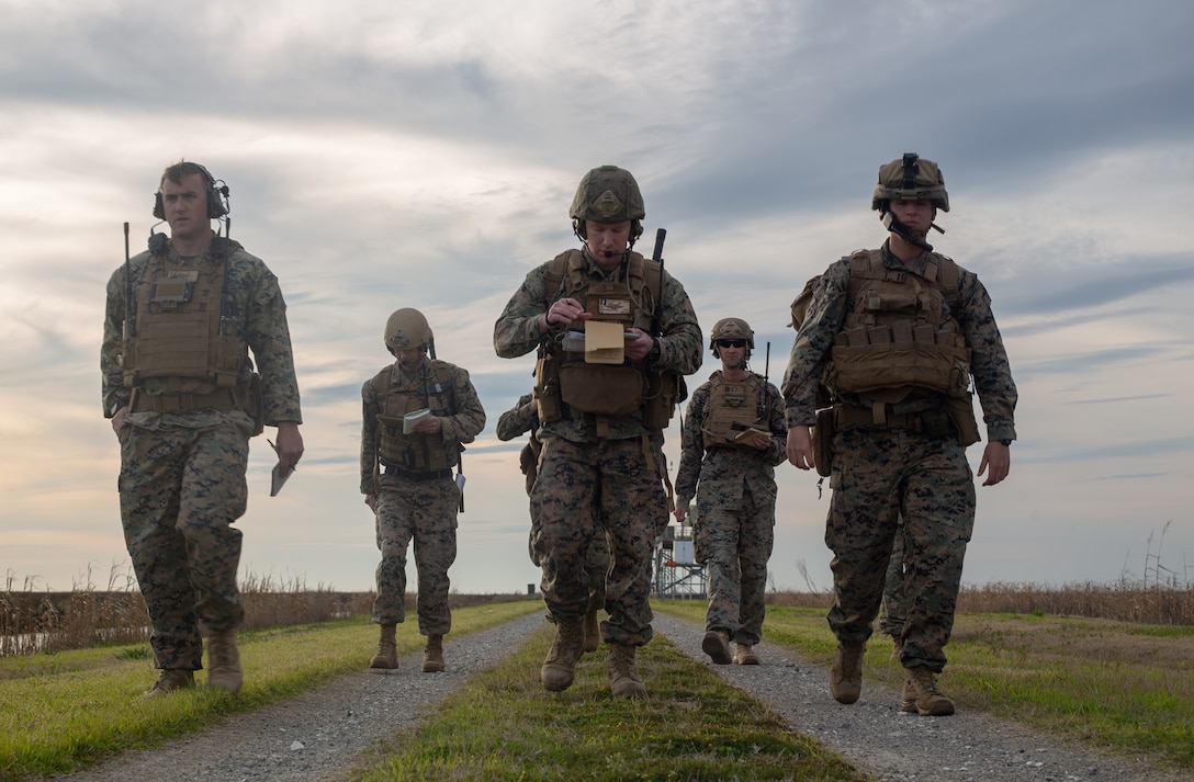 U.S. Marines with the Tactical Air Control Party Program call for close air support while mobile during exercise Fireball Eagle at Marine Corps Air Station Cherry Point, North Carolina, February 4.