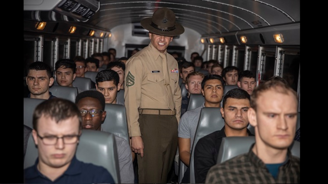 Staff Sgt. Fernando NunezMartinez, a drill instructor with Receiving Company, Support Battalion, welcomes new recruits with Golf Company, 2nd Recruit Training Battalion, during receiving at Marine Corps Recruit Depot, San Diego, Feb. 10, 2020. Once recruits stepped off the bus, they immediately began the transformation from civilian to Marine. (U.S. Marine Corps photo by Lance Cpl. Zachary T. Beatty)
