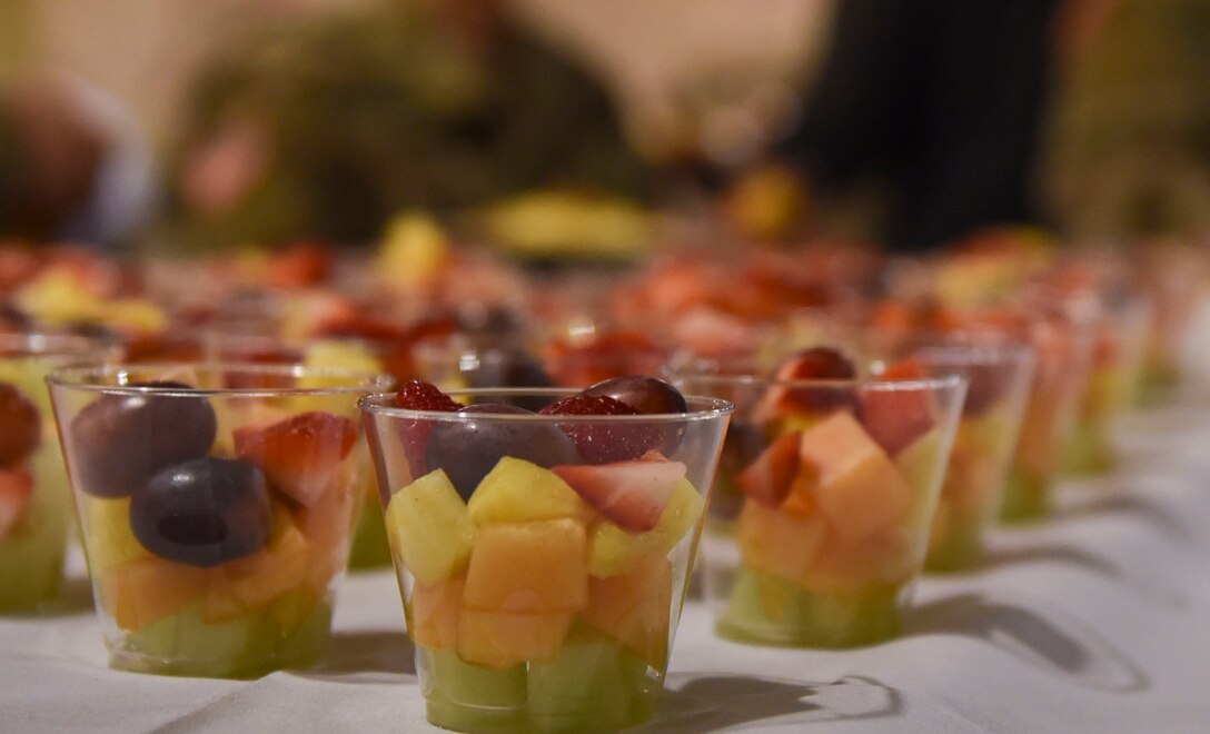 Fruit cups sit on a table for guests of the National Prayer Breakfast event at Joint Base Langley-Eustis, Virginia, Feb. 11, 2020.