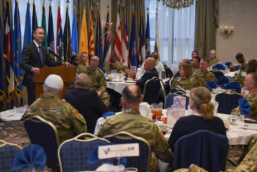 Guest speaker, Eric Patterson, Ph. D, Religious Freedom Institute executive vice president, addresses guests during the National Prayer Breakfast event at Joint Base Langley-Eustis, Virginia, Feb. 11, 2020.