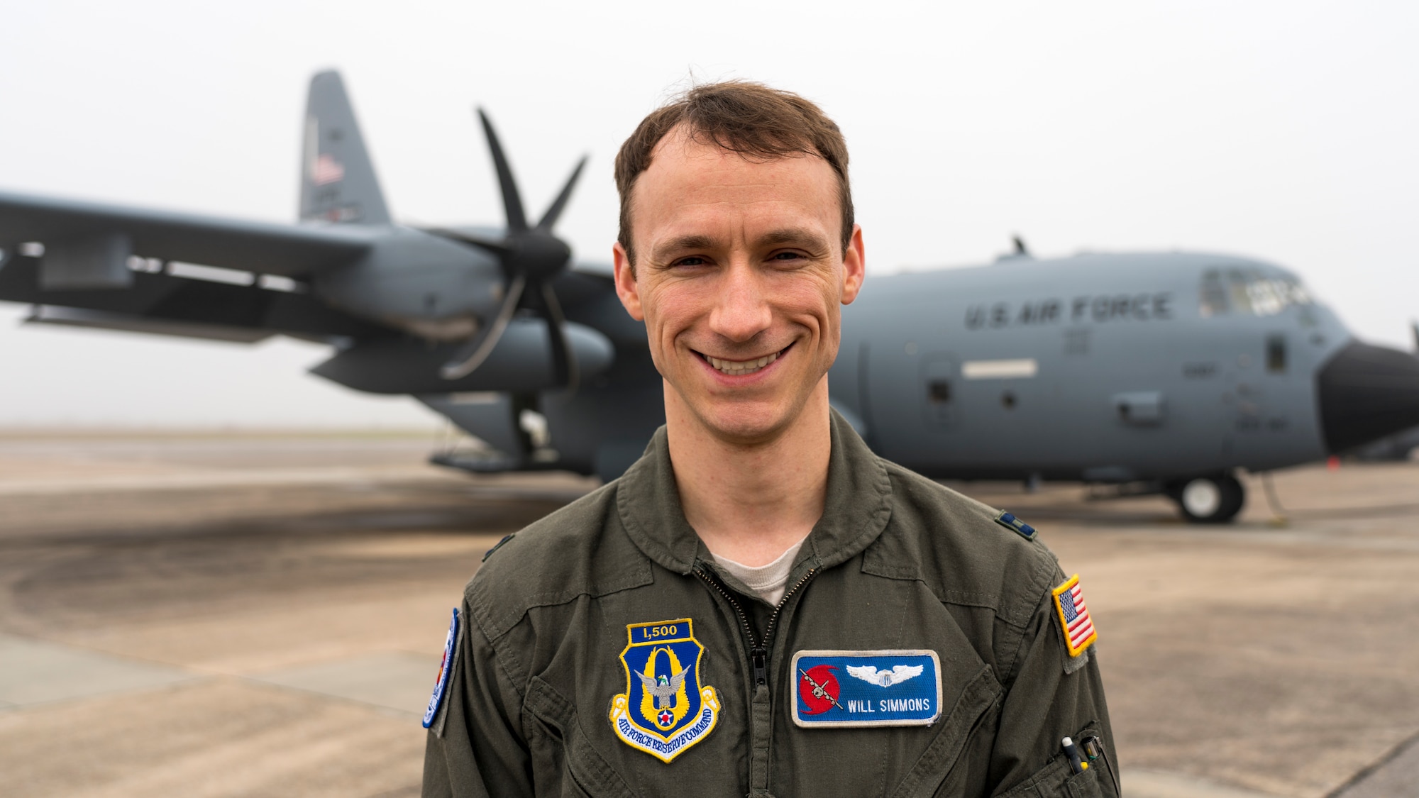 Capt. Will Simmons, 53rd Weather Reconnaissance Squadron current operations officer, poses for a photo on the flightline Feb. 12 at Keesler Air Force Base, Miss. Simmons was the wing’s company grade officer of the 4th quarter recipient. (U.S. Air Force photo by Tech. Sgt. Christopher Carranza)