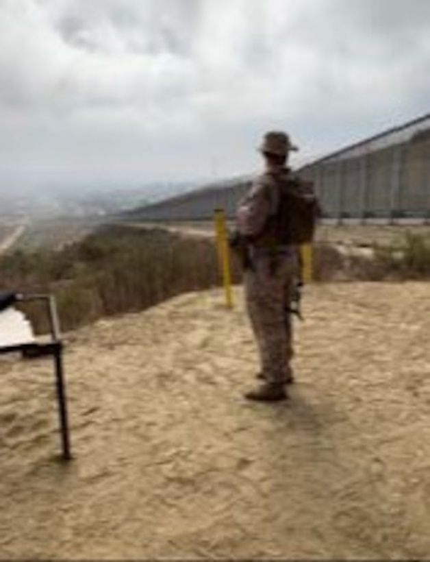 A Marine from Bravo Company stands watch along the Southwest Border. 1st Battalion, 4th Marines, 1st Marine Division (Rein) deployed to the United States Southwest Border in support of Customs and Border Patrol. Aug. 21, 2019.