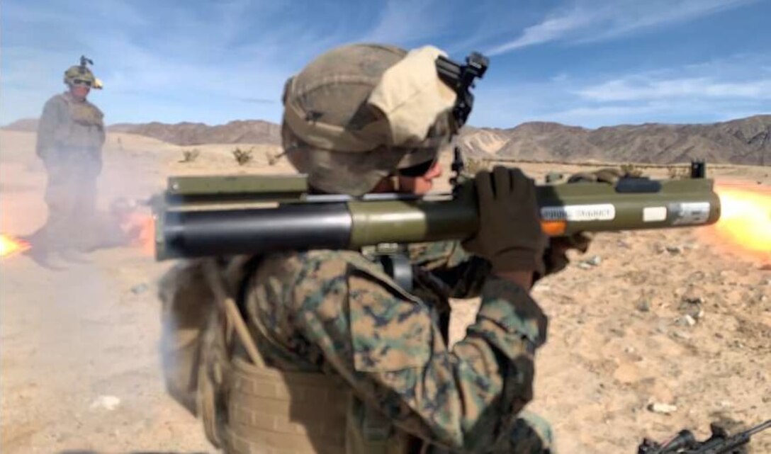 A Marine from Company A, 1st Battalion, 4th Marines, 1st Marine Division (Rein), fires a Light Anti-Armor Weapon (LAW) during a live fire exercise at Integrated Training Exercise, Twenty-Nine Palms, California on Jan. 30, 2020.