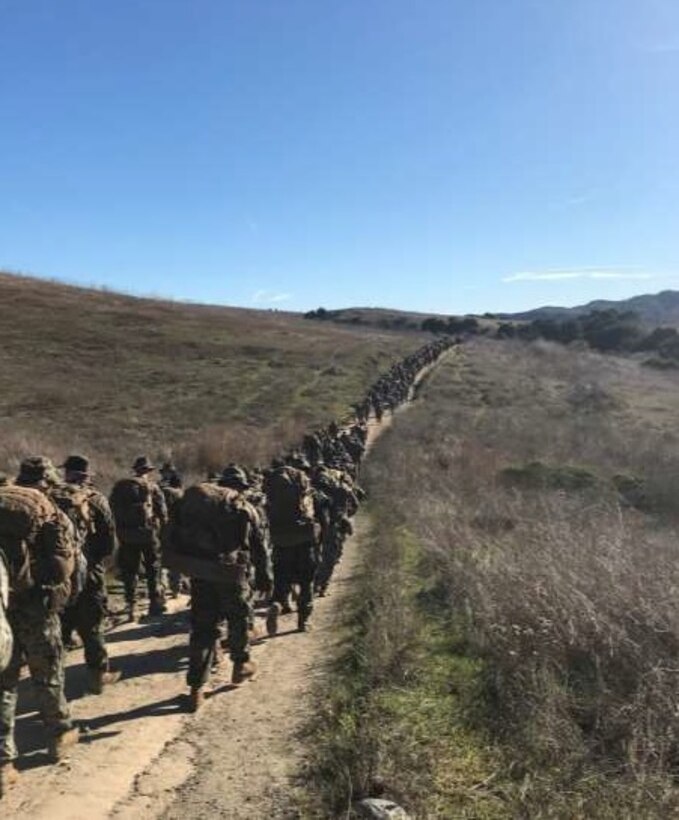 1st Battalion, 4th Marines, 1st Marine Division (Rein), conducts a battalion hike at Camp Pendleton on Dec. 20,2019.